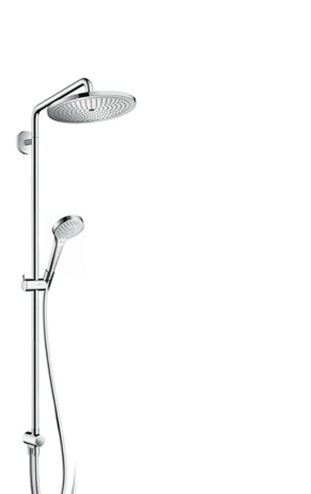 Dusche von Hansgrohe, bestehend aus einer festen Kopfbrause und einer Handbrause, montiert an einer eleganten Stange mit verchromten Oberflächen.